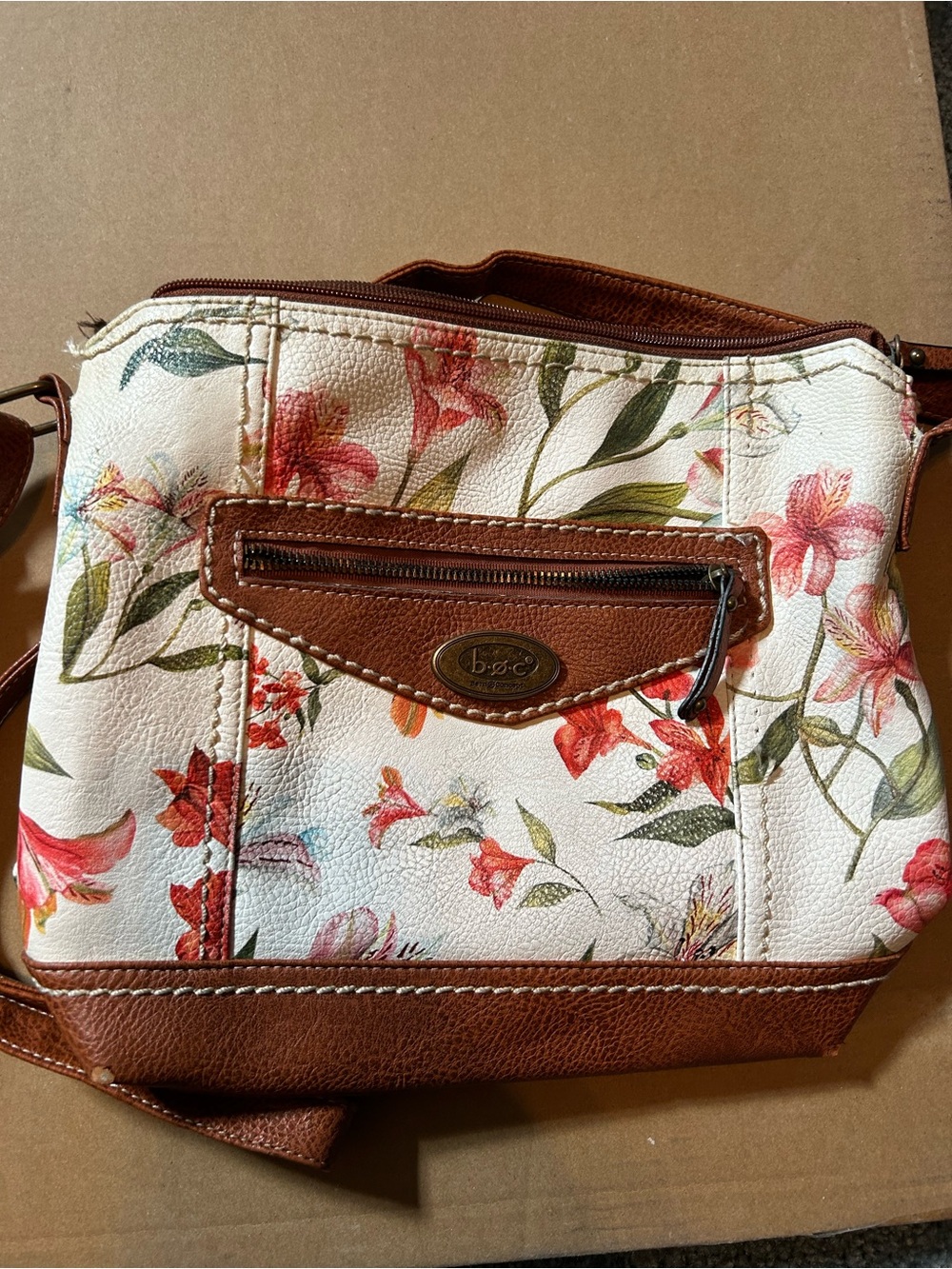 b.o.c. Floral Crossbody Bag in White and Brown with Pink Accents